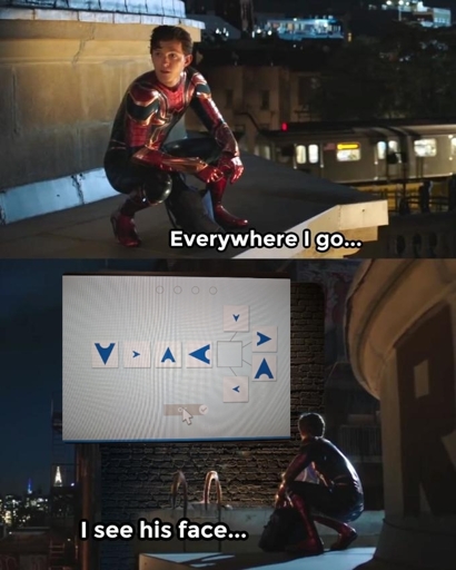 Spider man meme. Top panel "Everywhere I go", bottom panel "I see his face". On the wall is a picture of a psychiatric cognition/ logic test, where are Arch logos everywhere.