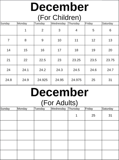 Fake Calendars showing the month of December with contrasting perception of time. One is labelled "for children", and contains normal days until the 22nd, and then fractionall days start appearing, progressing until the 24th, which appears as 24.1, 24.2, 24.3, 24.5, 24.6, 24.7, 24.8, 24.9, 24.925, 24.95, 24.975, 25, and then 31. The calendar labelled December (for Adults) simply has 1, 25, and 31.