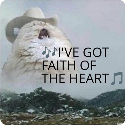 A meme of a cat wearing a cowboy hat sits above a mountain range howling at the sky. There is text that reads I’ve got faith of the heart!