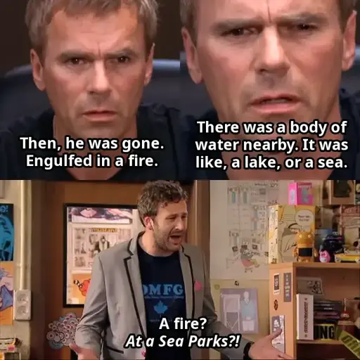 Panels 1/2: Jack saying "Then, he was gone. Engulfed in a fire. There was a body of water nearby. It was like, a lake, or a sea." Panel 3: Roy saying "A fire? At a Sea Parks?!"