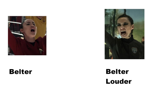 Christina Chong as La'an Noonien-Singh singing in the SNW musical episode, with the phrase 'Belter' underneath. Opposite is Cara Gee as Camina Drummer shouting with an open mouth, so that it almost looks like she's singing, with the phrase 'Belter Louder' underneath, a play on 'Belter' for a loud singer, and the phrase 'Beltalowda' from The Expanse. Sorry, it's a bad joke, and I've just made your screen reader explain it >.<
