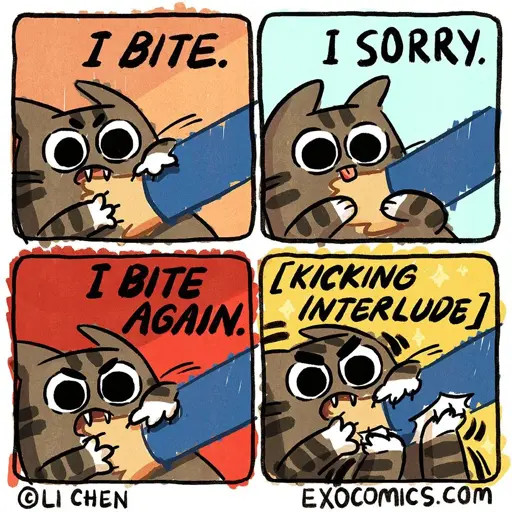 Panel 1: Kitty biting Li's hand. "I BITE. Panel 2: Kitty licking Li's hand. "I SORRY." Panel 3: Kitty bites once more. "I BITE AGAIN." Panel 4: Kitty now biting and kicking. [KICKING INTERLUDE]