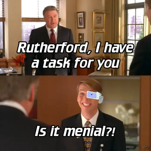 Panel 1: Jack Donaghy saying "Rutherford, I have a task for you." Panel 2: Kenneth Parcell, with Rutherford's cybernetic implant on his head, saying "Is it menial?!" with a large excited smile