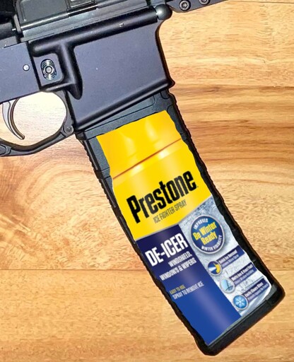 A can of windshield de-icer poorly photoshopped onto an AR magazine.