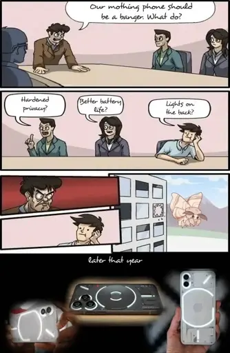 That's the meme format of a brainstorming session of a corporation. The boss asks, how to make mothing phones worthy. Some suggest better privacy or battery life, but one suggests lights on the back. The boss gets angry and this person flies from the window in a form of moth. After a subtitle 'later this year' there are photoes of Nothing Phones with lighting led tubes on the back.